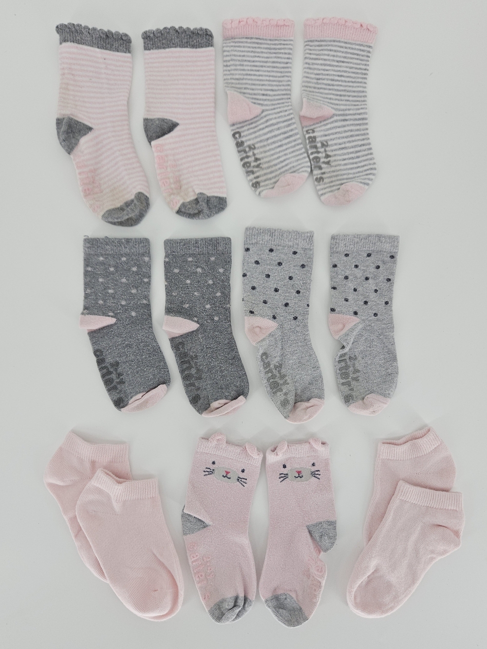 5/$25 Carter's Girls Socks Pink Gray Cat Polka Dot Size 2-4 Years 7 Pairs